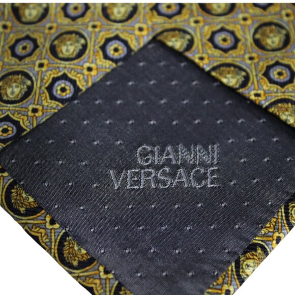 GIANNI VERSACE Rare Vintage, Medusa Print Gold, Grey & Black Neck Tie 3.75" Wide - Picture 7 of 8